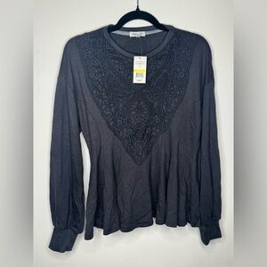 NWT Long sleeve Dark Gray crochet Lace overlay shirt Women's medium Top